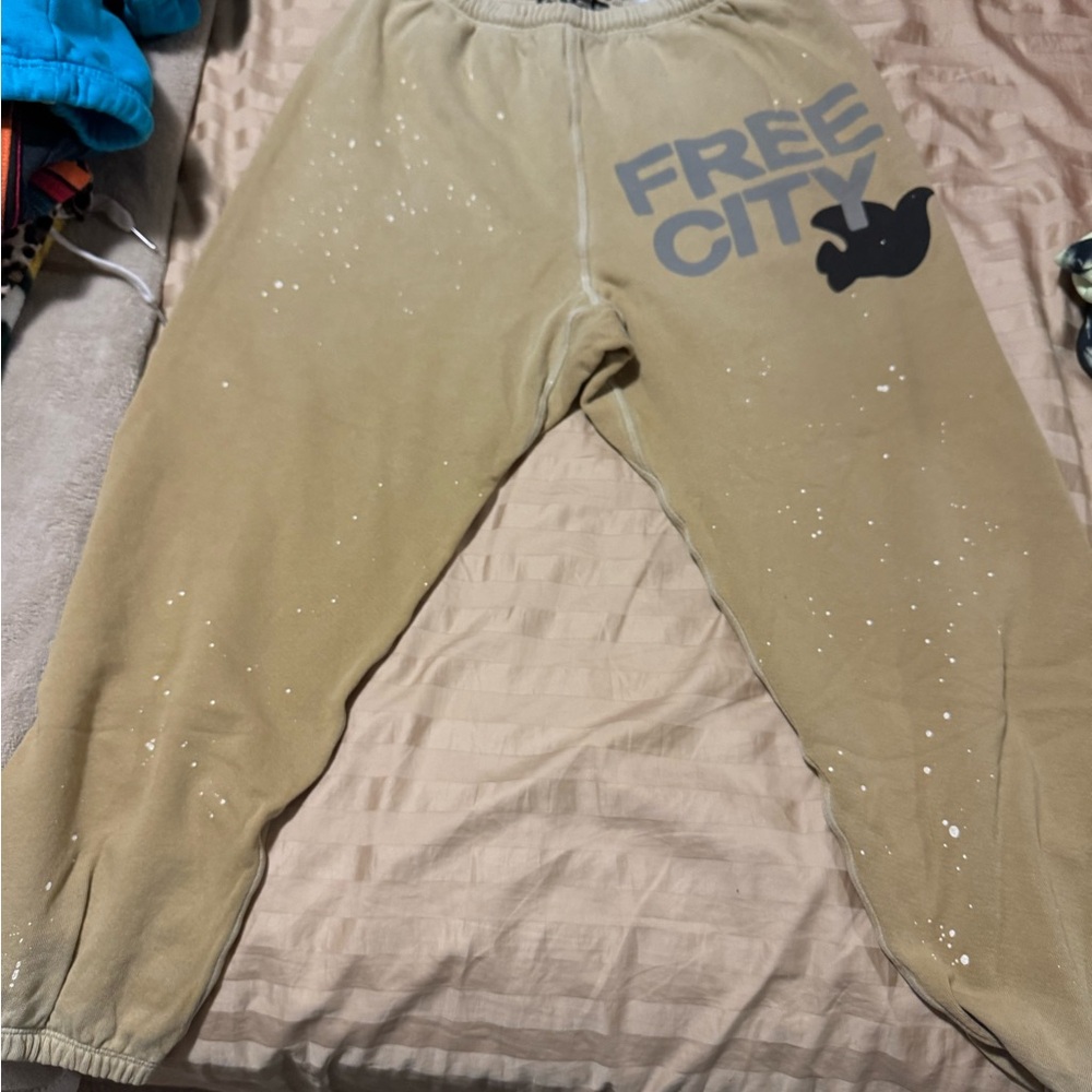 Free City sweatpants. Size M. Camel/tan color with splatter paint dots.